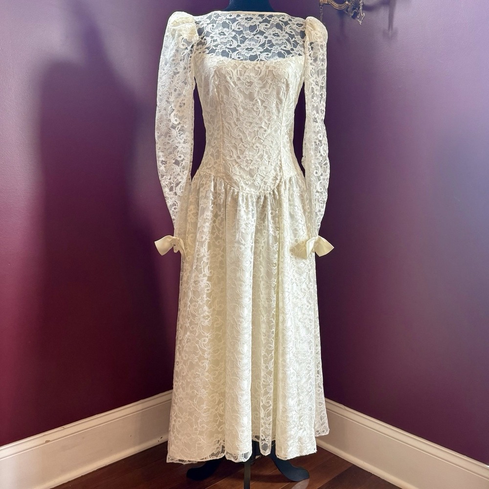VTG 80s does 50s Ivory Lace Satin‎ Bow Alfred Angelo Wedding Dress UNION Sz S M